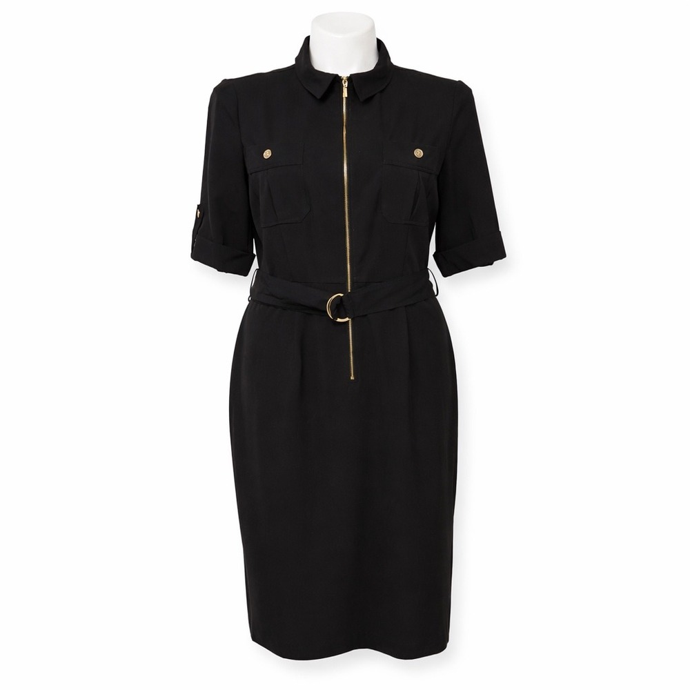 Roz & Ali Black Zip‎ Front Belted Dress Size 16 Gold Hardware Career Midi